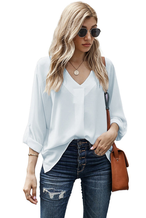 Relaxed Fit Three Quarter Sleeve High Low Hem Shirt