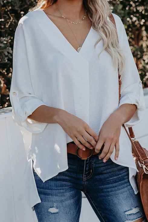 Relaxed Fit Three Quarter Sleeve High Low Hem Shirt