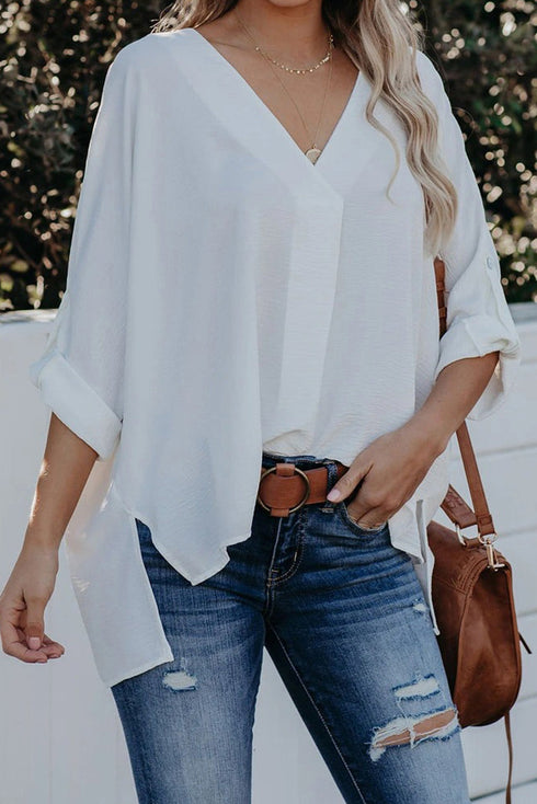 Relaxed Fit Three Quarter Sleeve High Low Hem Shirt
