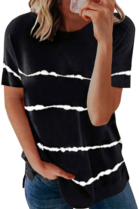 Relaxed Fit Tie Dye Stripe Side Slit Everyday T Shirt Top