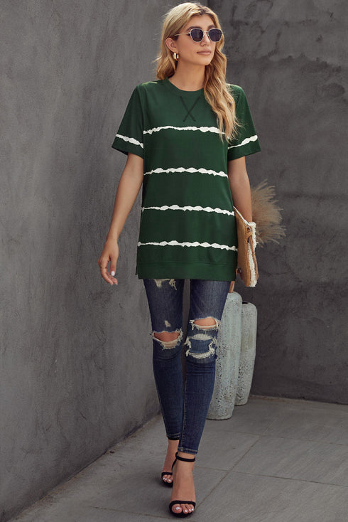 Relaxed Fit Tie Dye Stripe Side Slit Everyday T Shirt Top