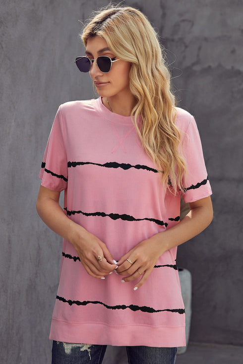Relaxed Fit Tie Dye Stripe Side Slit Everyday T Shirt Top
