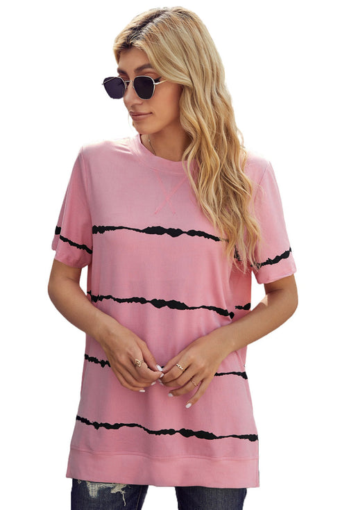 Relaxed Fit Tie Dye Stripe Side Slit Everyday T Shirt Top
