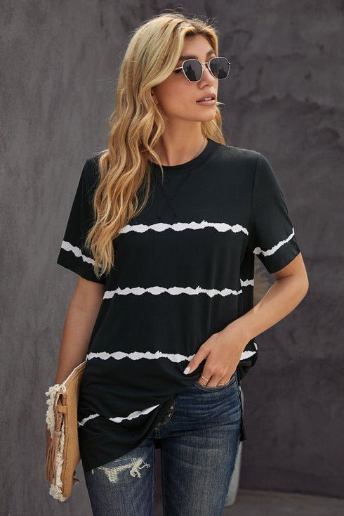 Relaxed Fit Tie Dye Stripe Side Slit Everyday T Shirt Top