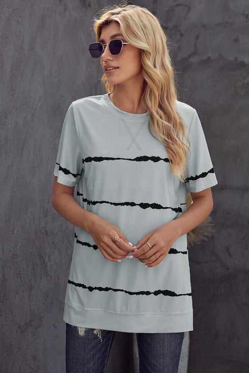 Relaxed Fit Tie Dye Stripe Side Slit Everyday T Shirt Top