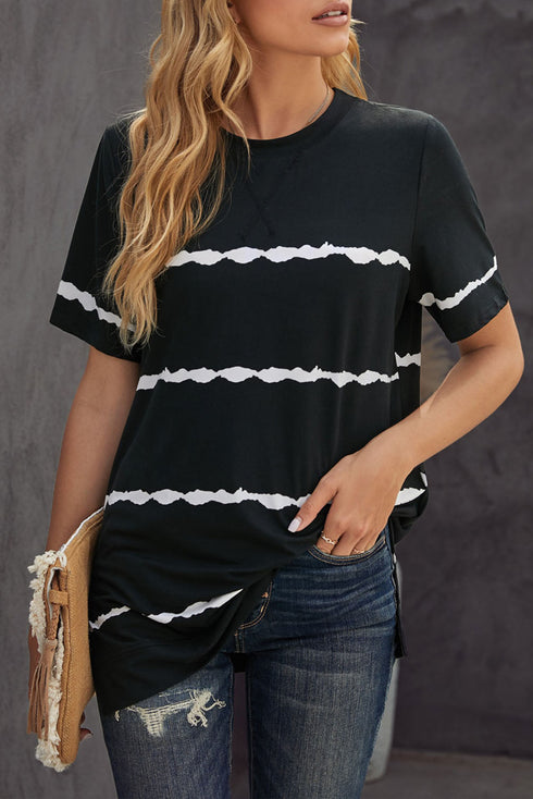 Relaxed Fit Tie Dye Stripe Side Slit Everyday T Shirt Top