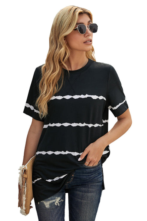 Relaxed Fit Tie Dye Stripe Side Slit Everyday T Shirt Top