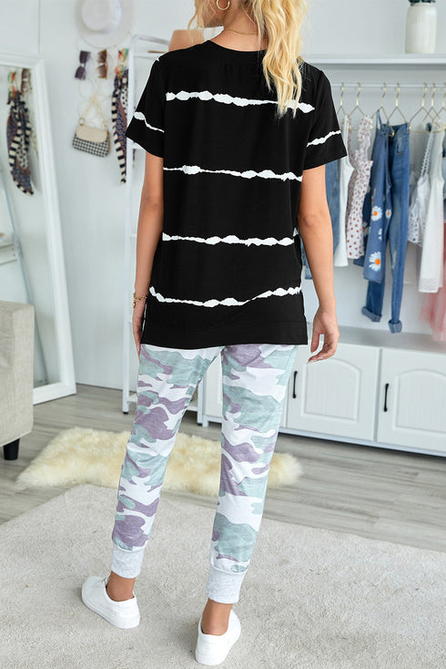 Relaxed Fit Tie Dye Stripe Side Slit Everyday T Shirt Top