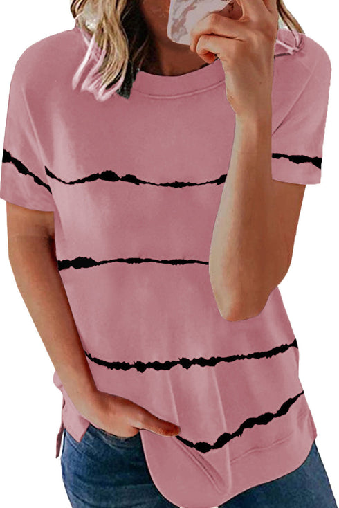 Relaxed Fit Tie Dye Stripe Side Slit Everyday T Shirt Top