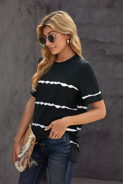 Relaxed Fit Tie Dye Stripe Side Slit Everyday T Shirt Top