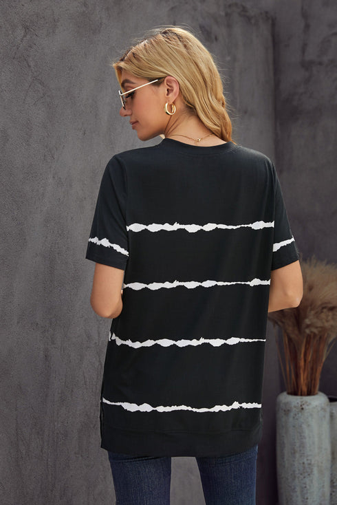 Relaxed Fit Tie Dye Stripe Side Slit Everyday T Shirt Top