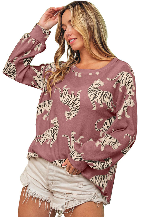 Relaxed Fit Tiger Print Soft Knit Pullover