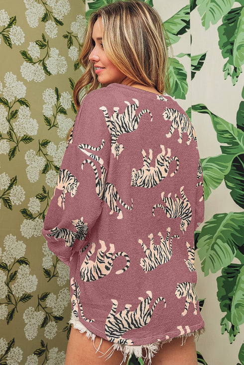 Relaxed Fit Tiger Print Soft Knit Pullover