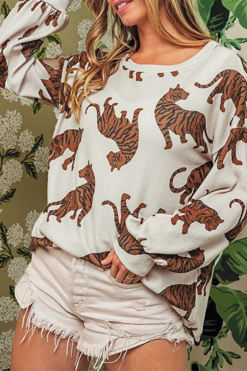 Relaxed Fit Tiger Print Soft Knit Pullover