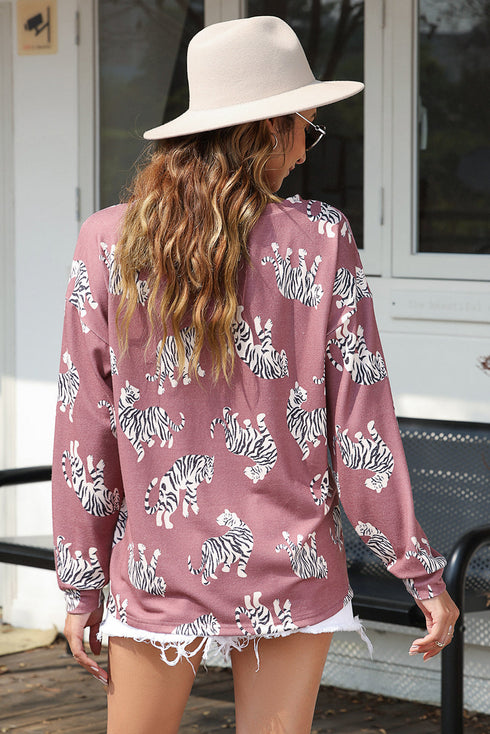 Relaxed Fit Tiger Print Soft Knit Pullover