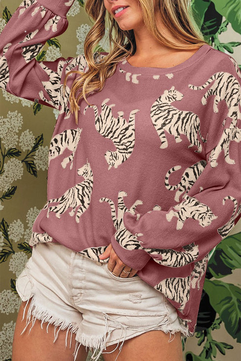 Relaxed Fit Tiger Print Soft Knit Pullover