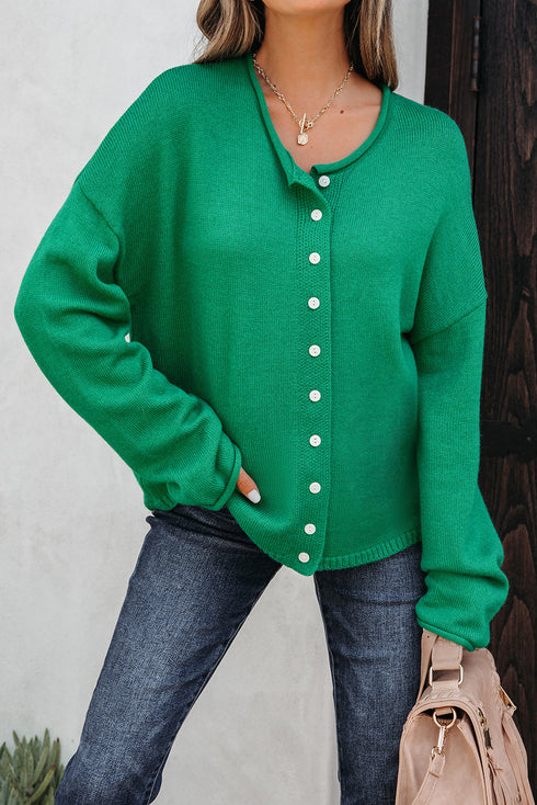 Relaxed Fit V Neck Button Front Drop Shoulder Cardigan