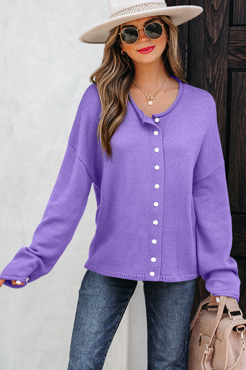 Relaxed Fit V Neck Button Front Drop Shoulder Cardigan
