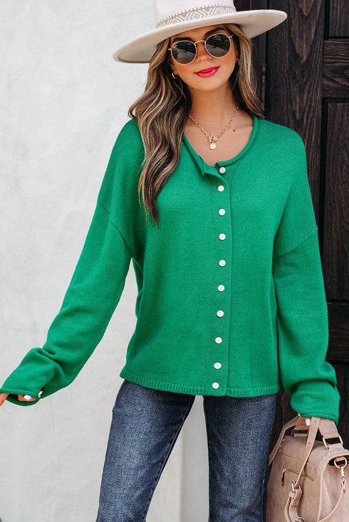 Relaxed Fit V Neck Button Front Drop Shoulder Cardigan