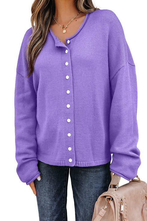 Relaxed Fit V Neck Button Front Drop Shoulder Cardigan