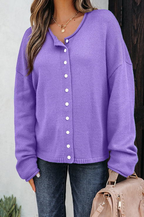 Relaxed Fit V Neck Button Front Drop Shoulder Cardigan
