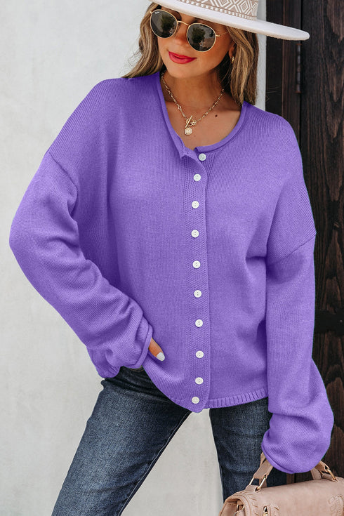 Relaxed Fit V Neck Button Front Drop Shoulder Cardigan