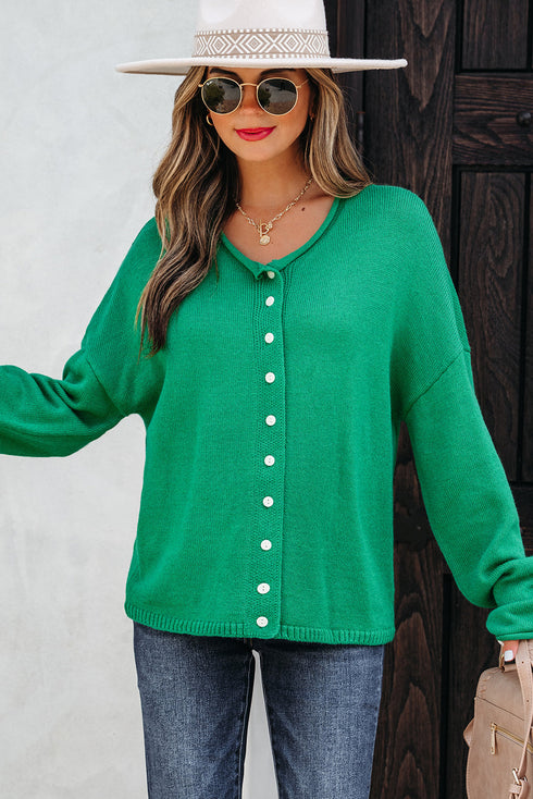 Relaxed Fit V Neck Button Front Drop Shoulder Cardigan