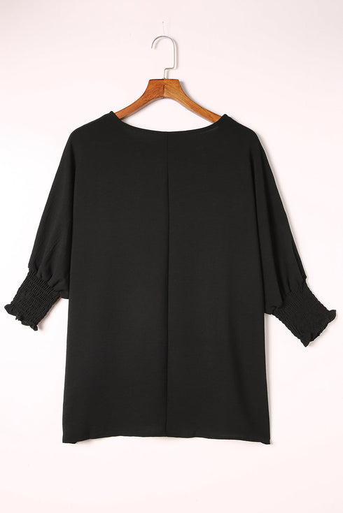 Relaxed Fit V Neck Smocked Wrist Shift Blouse