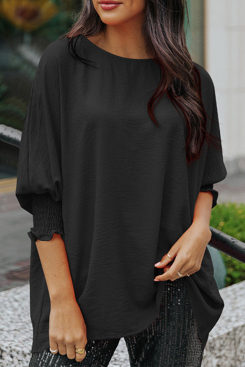 Relaxed Fit V Neck Smocked Wrist Shift Blouse