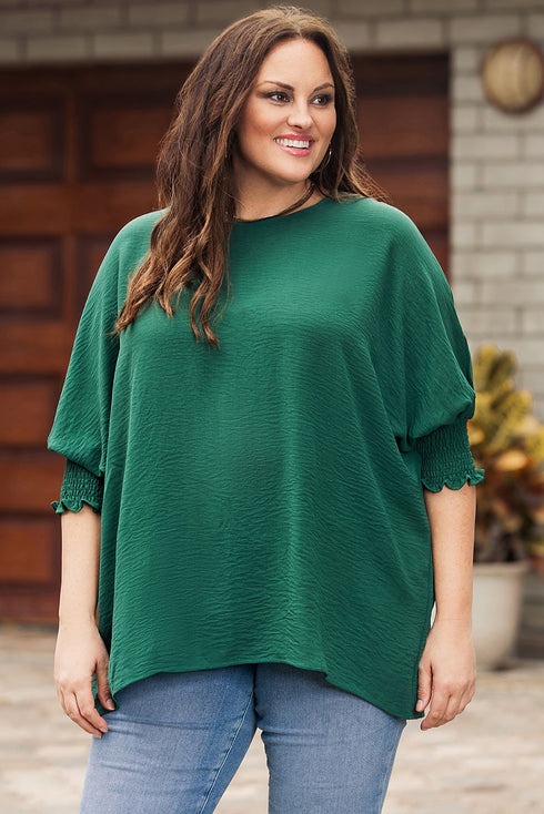 Relaxed Fit V Neck Smocked Wrist Shift Blouse