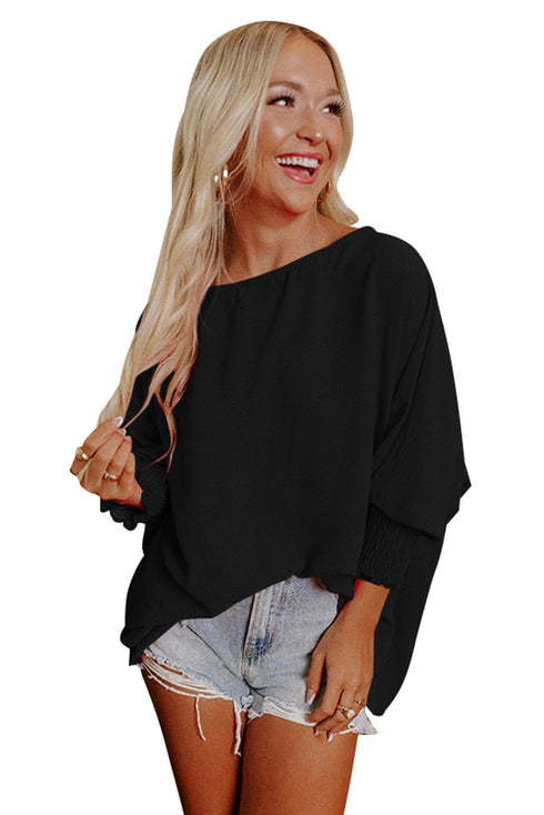 Relaxed Fit V Neck Smocked Wrist Shift Blouse