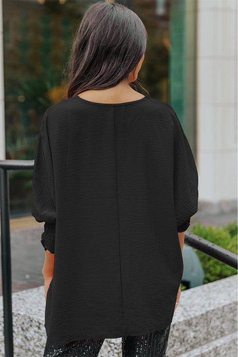 Relaxed Fit V Neck Smocked Wrist Shift Blouse