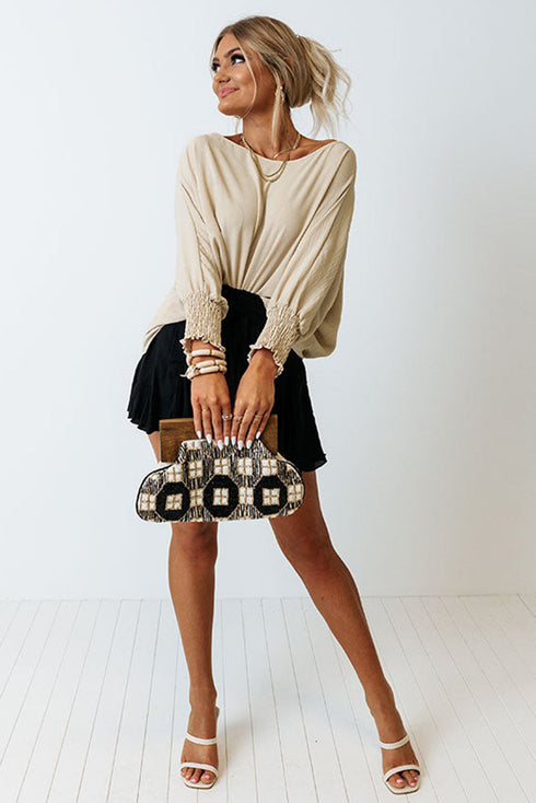 Relaxed Fit V Neck Smocked Wrist Shift Blouse