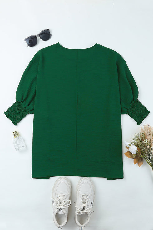 Relaxed Fit V Neck Smocked Wrist Shift Blouse