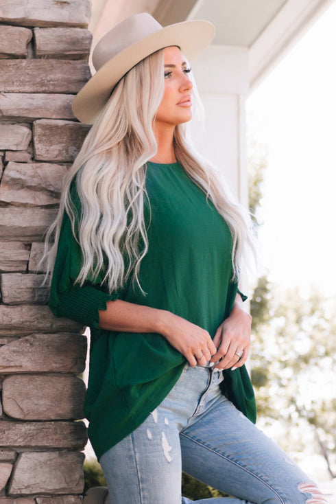 Relaxed Fit V Neck Smocked Wrist Shift Blouse
