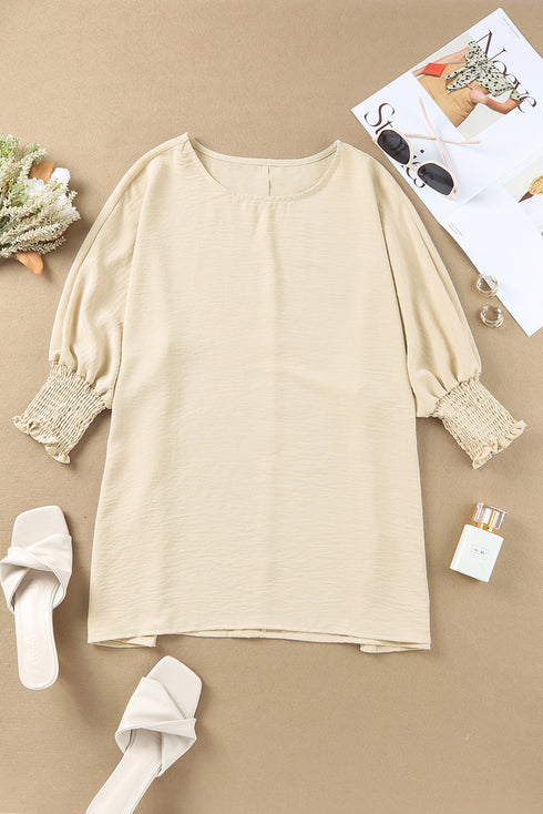 Relaxed Fit V Neck Smocked Wrist Shift Blouse