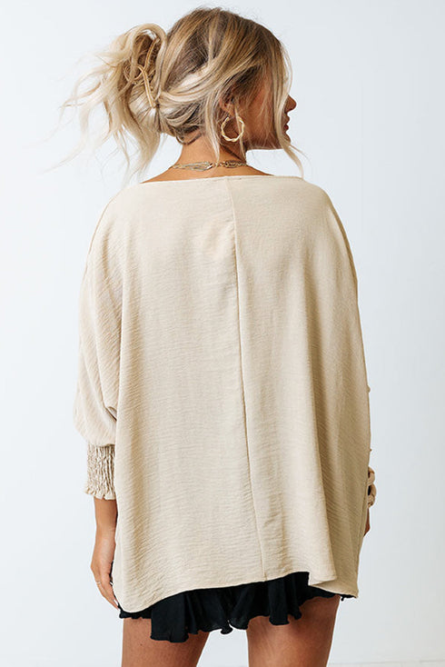 Relaxed Fit V Neck Smocked Wrist Shift Blouse
