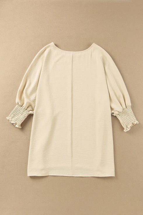 Relaxed Fit V Neck Smocked Wrist Shift Blouse
