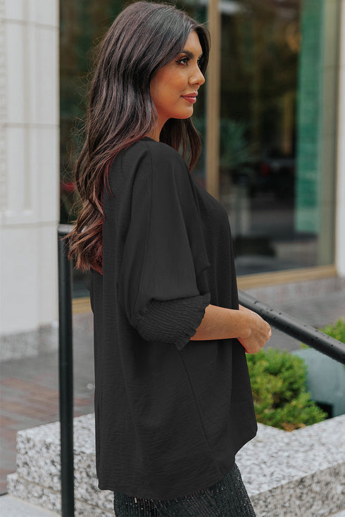 Relaxed Fit V Neck Smocked Wrist Shift Blouse