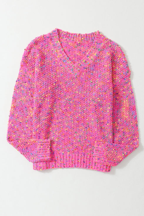 Relaxed Fit V Neck Speckled Knit Pullover Sweater