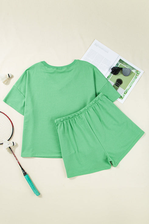 Relaxed Fit V Neck Tee And Drawstring Shorts Two Piece Lounge Set