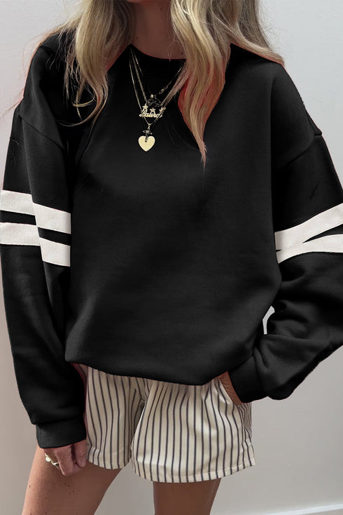 Relaxed Fit Varsity Stripe Crew Neck Pullover Sweatshirt