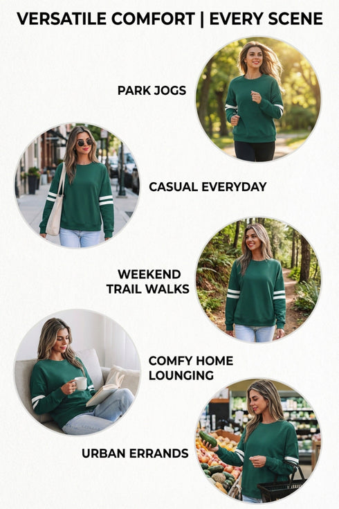 Relaxed Fit Varsity Stripe Crew Neck Pullover Sweatshirt
