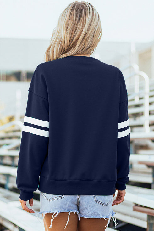 Relaxed Fit Varsity Stripe Crew Neck Pullover Sweatshirt