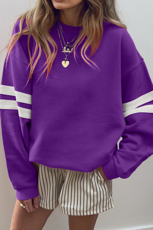 Relaxed Fit Varsity Stripe Crew Neck Pullover Sweatshirt