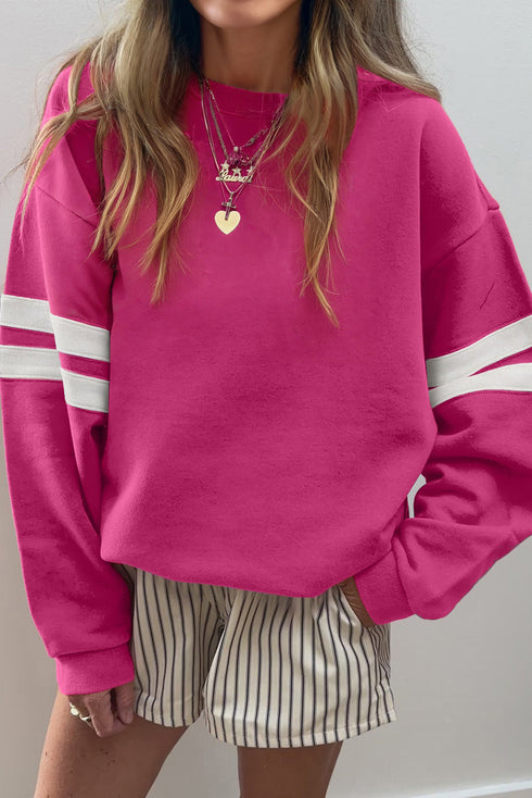 Relaxed Fit Varsity Stripe Crew Neck Pullover Sweatshirt