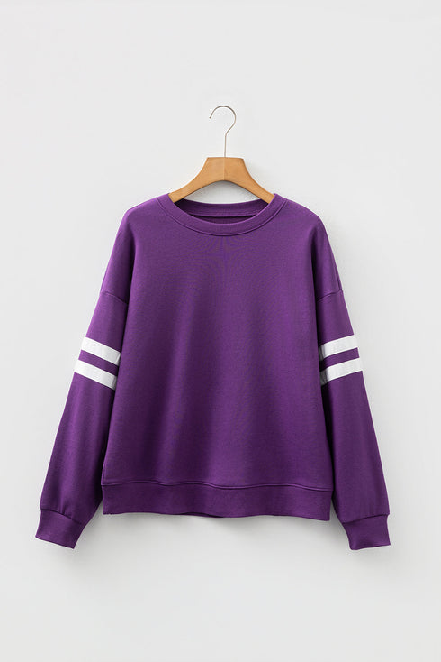 Relaxed Fit Varsity Stripe Crew Neck Pullover Sweatshirt