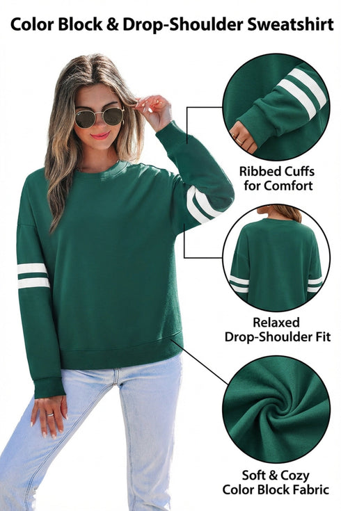 Relaxed Fit Varsity Stripe Crew Neck Pullover Sweatshirt