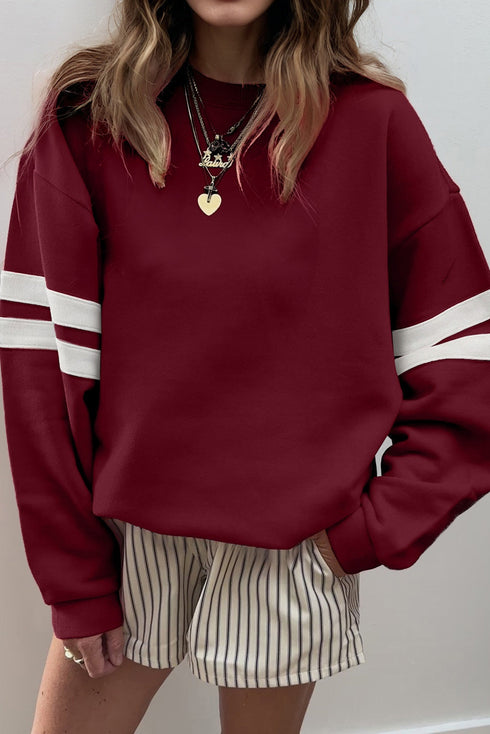 Relaxed Fit Varsity Stripe Crew Neck Pullover Sweatshirt