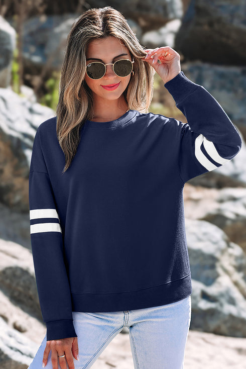 Relaxed Fit Varsity Stripe Crew Neck Pullover Sweatshirt